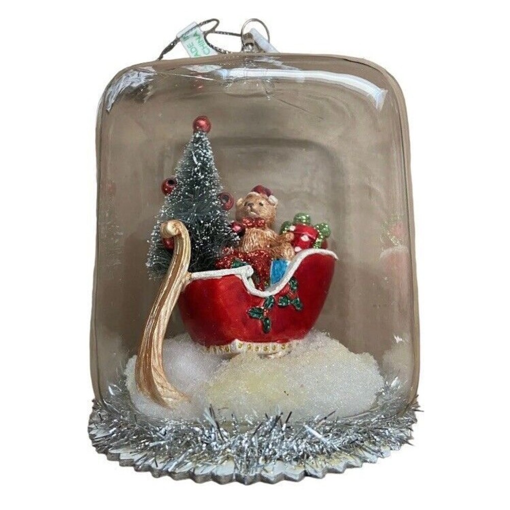 One Hundred 80 Degrees Domed Bear with Santa's Sleigh Ornament nwt